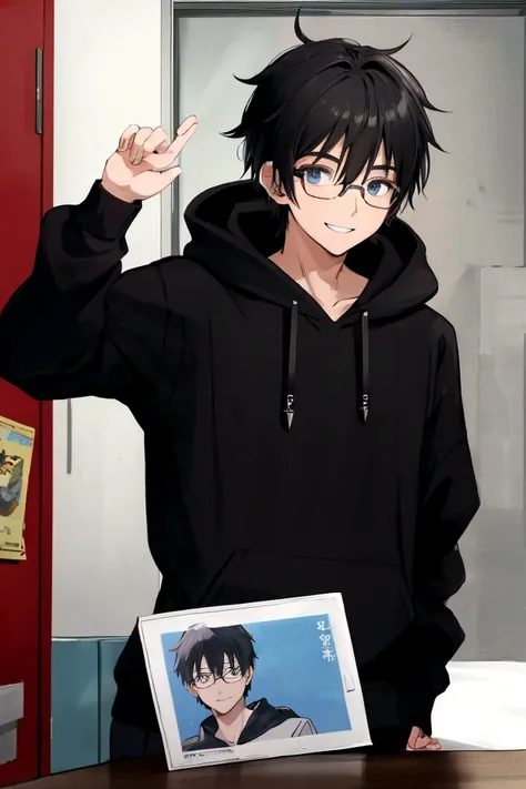 boy,20-year-old,Anime Images,Wearing a black hoodie,Black Hair,intellectual,Glasses,Fearless smile