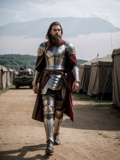 Cinematic powerful general in metal medieval armour, short beard and brunette hair, army camp in background, with cape