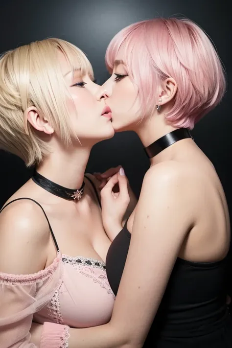 A beautiful girl with big breasts and a short pink hair and a short blonde hair are kissing each other、Black choker