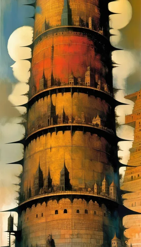 Tower of Babel, art inspired in Dave mcKean, oil painted
