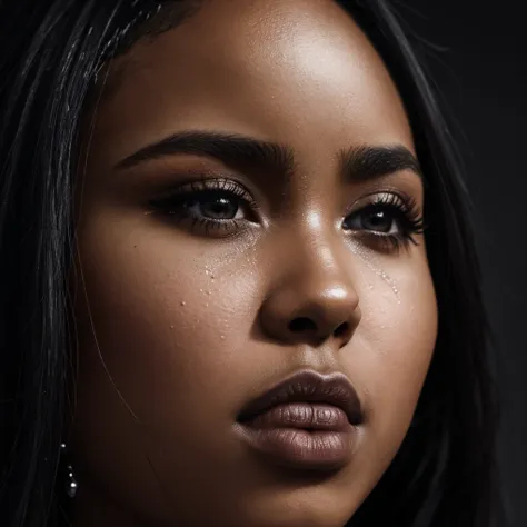 close up and zoomed in on a beautiful depressed emotional sad crying black girl with crying a single teardrop running down her face and a black background, sad, depressed, emotinoal, close up on side profile only showing cheek and eyelight falling on face,...