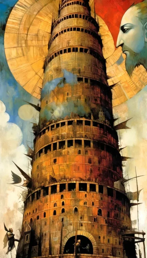 Tower of Babel, art inspired in Dave mcKean, oil painted
