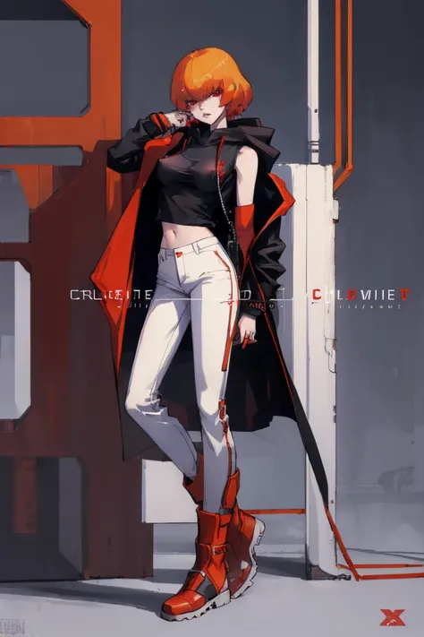 ((Highest quality)), ((masterpiece)), (be familiar with),Clementine,Erect nipples, Red eyes,Sleeveless hoodie,Black Shirt,White pants,Alluring,whole body,boots,coat,cyber punk,sf