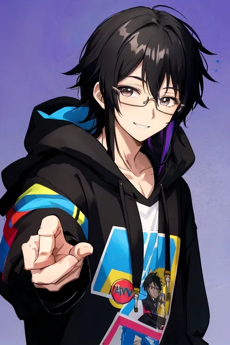 boy,20-year-old,Anime Images,Colorful Hoodies,Black Hair,intellectual,Glasses,Fearless smile,Upper Body