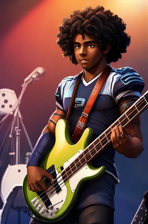 dark-skinned, adolescent,bass guitar, curly hair,football player,no guitar 