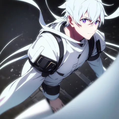 male character. naughty man. white  hair. golden colored eyes. black clothing. Futuristic Setting. cold and cautious face