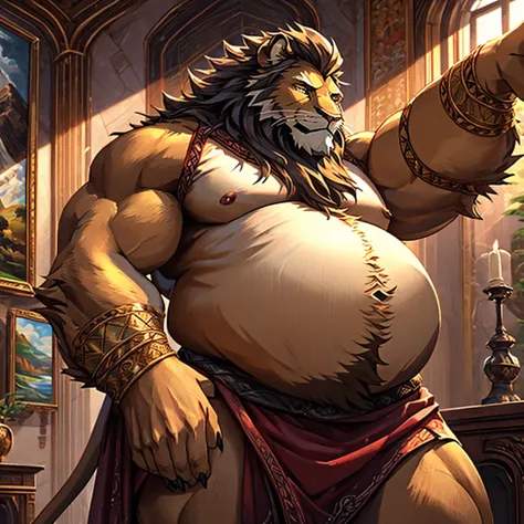 (giant mature male old lion, big belly, overweight, old, majestic), daddy, beard in white, claws in five, (best quality, highres, ultra-detailed), realistic:1.37, HDR, studio lighting, ultra-fine painting, sharp focus, physically-based rendering, extreme d...