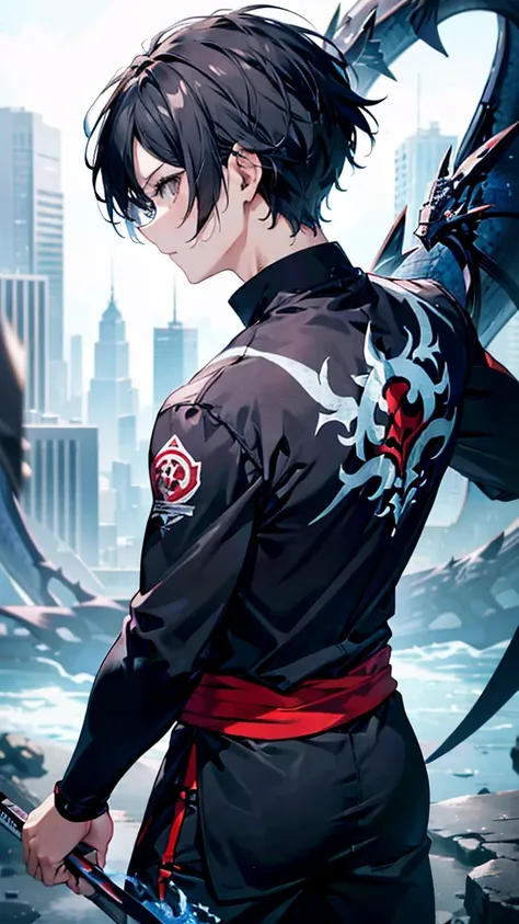 profile background, anime boy, serious face, black hair, grey eyes, martial arts clothing, with a blue dragon behind, high-res portrait, detailed eyes and face, character, fantasy, advanced urban, looking from behind at viewer, 4K, high resolution