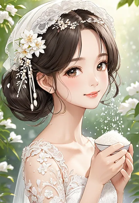 BREAK Perfect Anatomy、(High resolution:1.2)、Incredible illustrations、(Cute illustrations:1.2)、（Beautiful background）Bride receiving a rice shower　、Pencil drawing (medium)