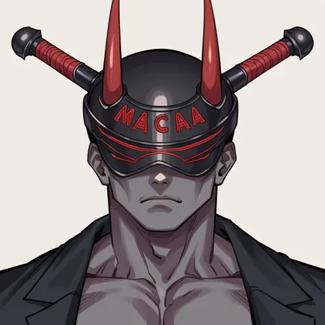 A demon from the anime Chainsaw Man, It has a hybrid hammer head, Warhammer Head, he has a gray muscular body, dark gray skin, wearing no shirt, fully body, black hands, and look fierce, Human lips, bonitas, handsome, Demonic, simple background. Foco no ro...