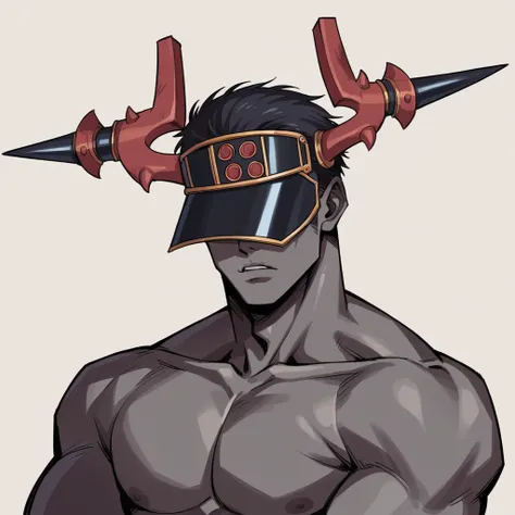 A demon from the anime Chainsaw Man, It has a hybrid hammer head, Warhammer Head, he has a gray muscular body, dark gray skin, wearing no shirt, fully body, black hands, and look fierce, Human lips, bonitas, handsome, Demonic, simple background. Foco no ro...