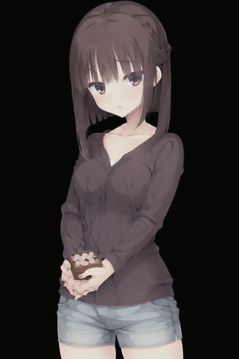 1girl,bangs,brown_hair,独奏,black_hair,closed_eyes,jewelry,shorts,short_hair,cowboy_shot,stuffed_toy,standing,indoors,shirt,short_sleeines,box,white_shirt,bracelet,in,t-shirt,lips,chair,hands_up,pose,double_in,photo_(medium),print_shirt,dolphin_shorts,Charac...