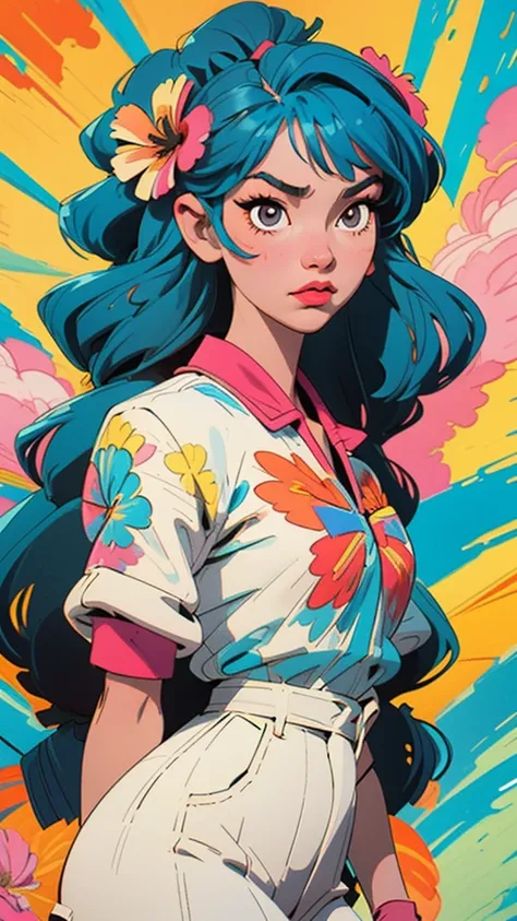 Create a digital artwork in pop art style., Featuring a vibrant and confident young Asian woman wearing street fashion, cinematic color scheme, surrounded by vintage flower patterns, energetic brushstrokes,the mood must be dynamic, Upper part of the body, ...