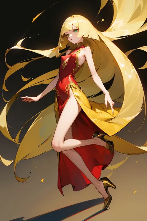 ((Highest quality)), ((masterpiece)), (Familiar), Lusamine,nsfw,thin,Long blonde hair,Small breasts,Small breasts,Erect nipples,Adult female,Green Eyes,Slanted Eyes,Sleeveless dress,Gorgeous red dress,Gold embroidery,High heels,Fascinating,Long skirt