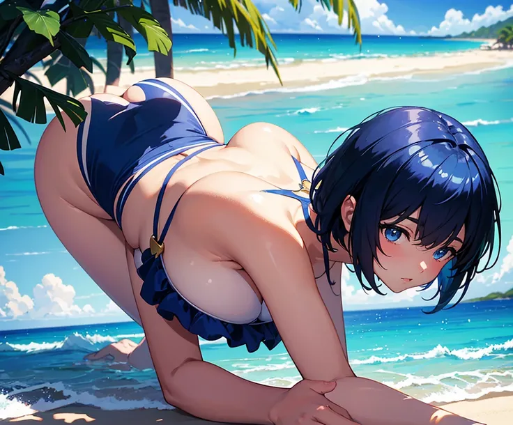 master piece, extremely detailed, high resolution, Makoto Shinkai style, girl, beachside background, tropical island, on all fours, glossy plump lips, glossy hair, short hair, looking at camera, blue hair, bikini, bikini swimsuit,