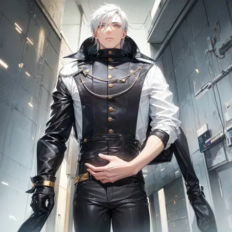 male character. naughty man. white  hair. golden colored eyes. black clothing. Futuristic Setting. cold and cautious face