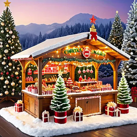 Design a festive Christmas market with wooden stalls selling ornaments and treats. Include a giant, sparkling Christmas tree as the centerpiece.