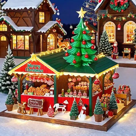 Design a festive Christmas market with wooden stalls selling ornaments and treats. Include a giant, sparkling Christmas tree as the centerpiece.