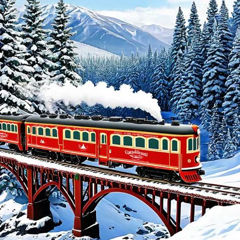 Create an image of a holiday train traveling through a snowy landscape. Show passengers enjoying hot chocolate and admiring the scenery.