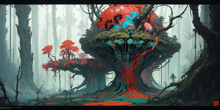 surreal forest constructs, mixed media, a brutalist designed, vivid colours, cryptic, mystical, pop surrealism by james jean, roby dwi antono, ross tran, steven kenny, paul neberra, ashley wood, atmospheric, trending on artstation, 8 k masterpiece