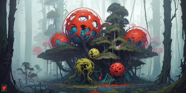 surreal forest constructs, mixed media, a brutalist designed, vivid colours, cryptic, mystical, pop surrealism by james jean, roby dwi antono, ross tran, steven kenny, paul neberra, ashley wood, atmospheric, trending on artstation, 8 k masterpiece