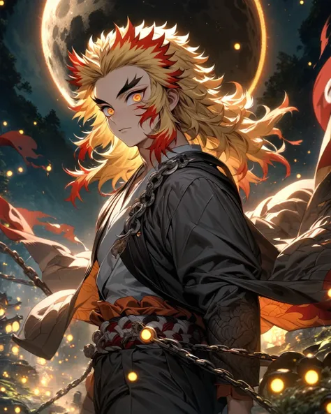 absurdres, highres, ultra detailed, HDR, master piece, best quality, extremely detailed face and eyes, Rengoku Kyojuro, blond hair, expressive orange eyes, Kimetsu No Yaiba, solo, sexy man, handsome, clock mechanical moon, fantasy, chains, fireflies