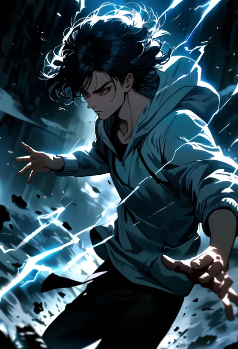 a young man with long black hair, wearing a black and white hoodie, electricity sparking around his body, cinematic lighting, dramatic pose, dynamic action scene, moody atmosphere, intense colors, digital art