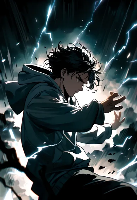 a young man with long black hair, wearing a black and white hoodie, electricity sparking around his body, cinematic lighting, dramatic pose, dynamic action scene, moody atmosphere, intense colors, digital art