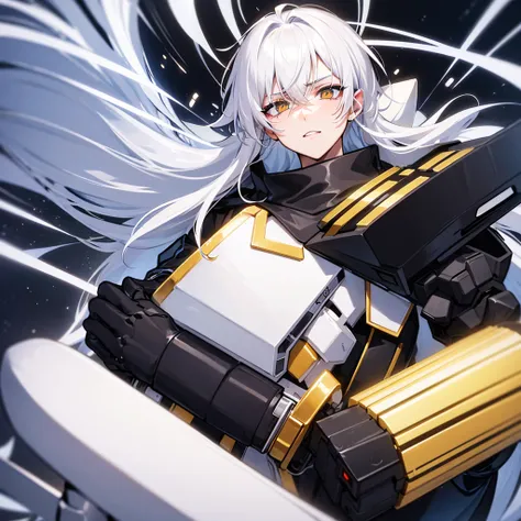 male character. naughty man. white  hair. golden colored eyes. black clothing. Futuristic Setting. cold and cautious face