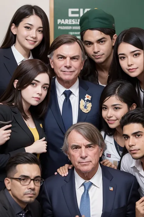 Make an image of President Bolsonaro with students at his side