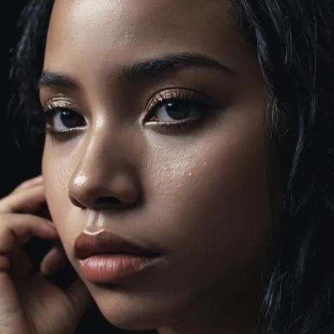 close up and zoomed in on a beautiful depressed emotional sad crying black girl with crying a single teardrop running down her face and a black background, sad, depressed, emotinoal, close up on side profile only showing cheek and eyelight falling on face,...