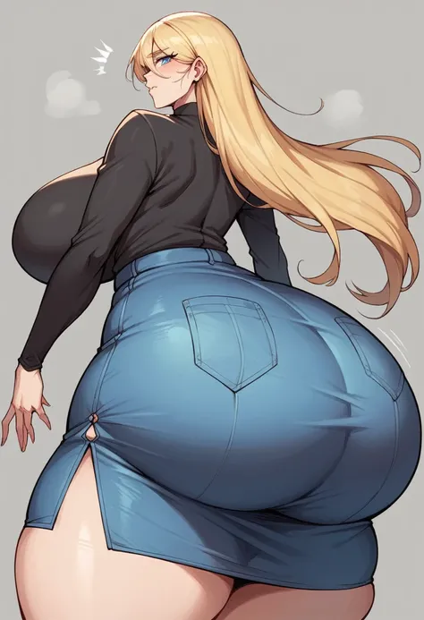 milf,adult woman,he would be, blue eyes, long blonde hair, giant tits ,huge thighs,giant butt,black long sleeve shirt, stretched buttons about to break, Precion in a black shirt with giant huge tits, tight short black skirt, excessively huge tits