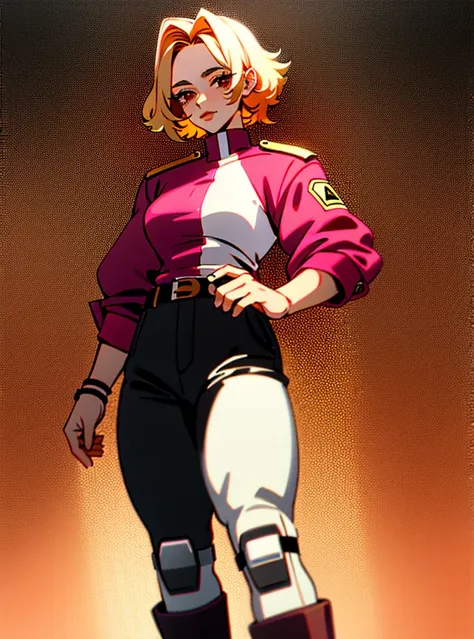 1 girl with short tangled blonde hair, with orange tips, red eyes, a pink mole below her lip, a dark red jacket that reaches her knees, white pants with a black belt with dark red, black boots