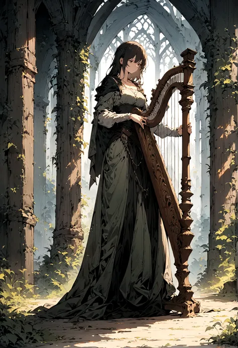 （HD), (masterpiece), (best quality), (Super detailed), (Best illustration), woman, Instrument 2Harp, whole body, middle Ages, Alone。