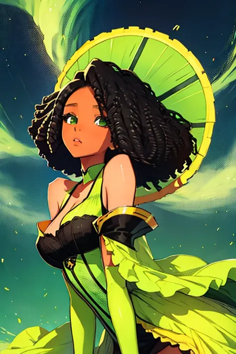 masterpiece, girl(afrocentric), bob hairstyle, summer dress, heels, from head to toe, black green & yellow aesthetic background,...