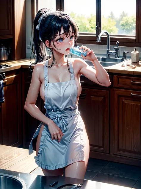 Highest Resolution,Highest quality,A crying beautiful girl in a nude apron drinking water from a plastic bottle,kitchen,Tears,Open your mouth and drool,whole body,front,Sweat profusely,Beautiful eyes,Lots of saliva,Black hair ponytail,