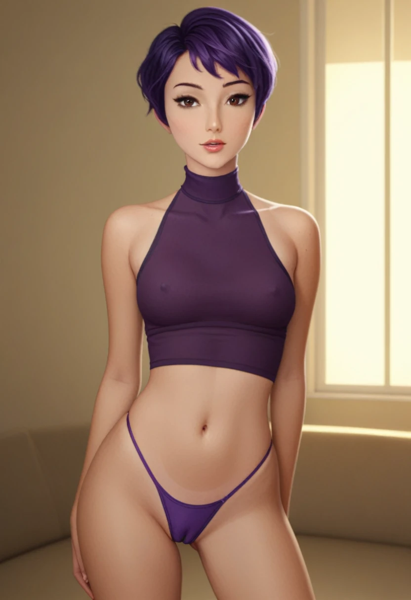 score_9_up, score_8_up, score_7_up, 1girl, solo, mature female, ((Sabin Wren)), purple short  hair, pixie haircut, brown eyes, pink lips, parted lips, fit slim body, ((((((white deep neck tank))), purple tight thong, cameltoe ))), (((dark grey Starship roo...