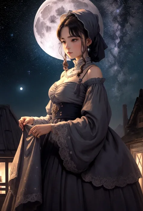 Night with full moon, starry sky, woman in old clothes, in an open space