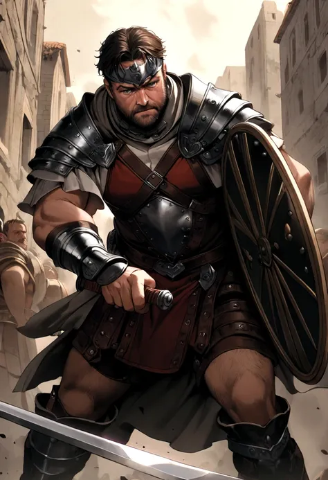 Russell Crowe as the Gladiator, with a sword in one hand and a shield in the other, fighting a gladiator