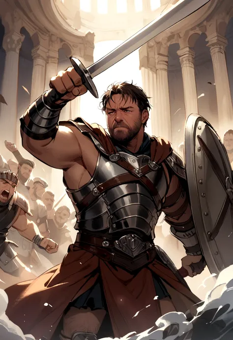 Russell Crowe as the Gladiator, with a sword in one hand and a shield in the other, fighting a gladiator