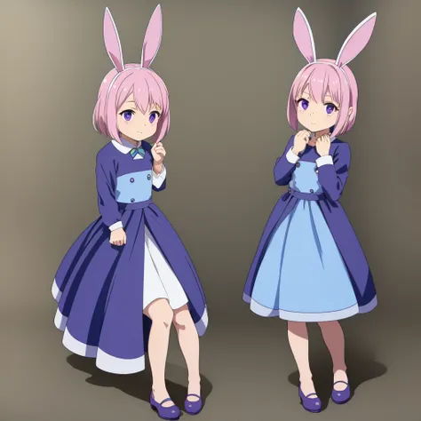 A cute little , 5 years old, wee,  with short white hair, with pink highlights, big and purple eyes, blue dress and bunny ears