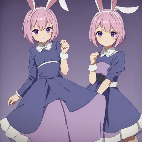 A cute little , 5 years old, wee,  with short white hair, with pink highlights, big and purple eyes, blue dress and bunny ears