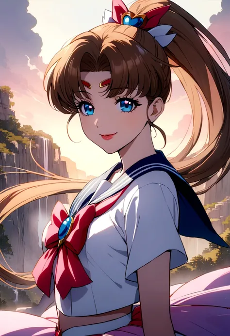 (In 8K、Highest quality、masterpiece:1.2)、One woman、(A cheerful smile:1.1)、Beautiful Eyes、valley、Upper body、Like a boy、thunderの景色、bishoujo senshi sailor moon, anime「Sailor Moon」, Sailor Jupiter,  Elegant and delicate eyes, 4K,Long eyelashes, Beautiful lip de...