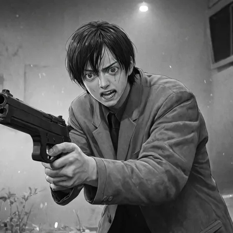 angry man opening fire in the middle, (anime), bizarre scenario, This is Junji, Yusuke Murata, black and white, 8K, anime, horror