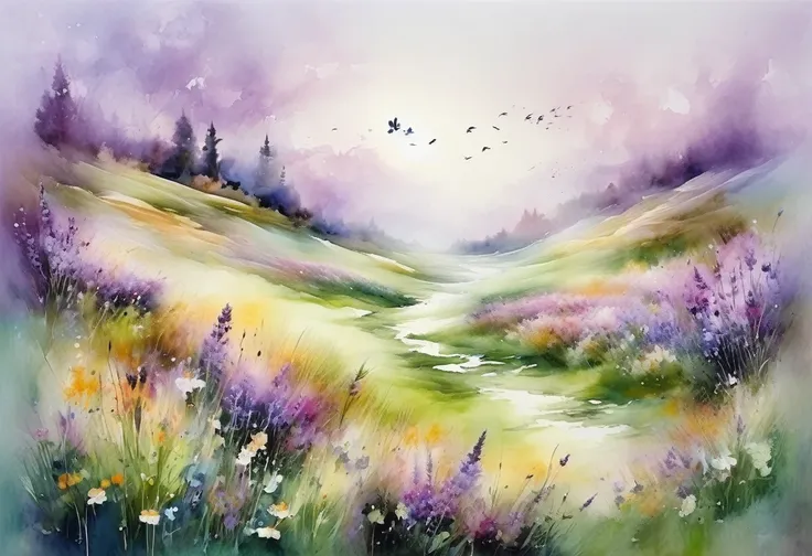 This watercolor flower painting、Elegant and fresh visual effects。Wildflowers and lavender fields，The perfect combination of nature and romance。The screen is dominated by a white background，Highlighted watercolor flowers。Ink Rendering，Splash technology recr...