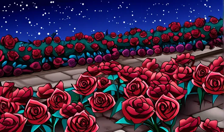 A blood rose in a garden , on a starry night