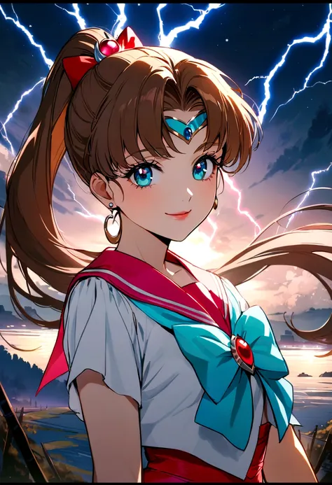 (In 8K、Highest quality、masterpiece:1.2)、One woman、(A cheerful smile:1.1)、Beautiful Eyes、Upper body、Like a boy、Lightning Scene、bishoujo senshi sailor moon, anime「Sailor Moon」, Sailor Jupiter,  Elegant and delicate eyes, 4K,Long eyelashes, Beautiful lip deta...