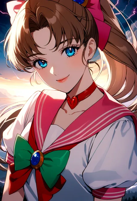 (In 8K、Highest quality、masterpiece:1.2)、One woman、(A cheerful smile:1.1)、Beautiful Eyes、Upper body、Like a boy、Lightning Scene、bishoujo senshi sailor moon, anime「Sailor Moon」, Sailor Jupiter,  Elegant and delicate eyes, 4K,Long eyelashes, Beautiful lip deta...