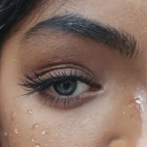 very zoomed in and close up on a beautiful depressed emotional girls eye and cheek, sad crying black girl with crying a single teardrop trail running down her face