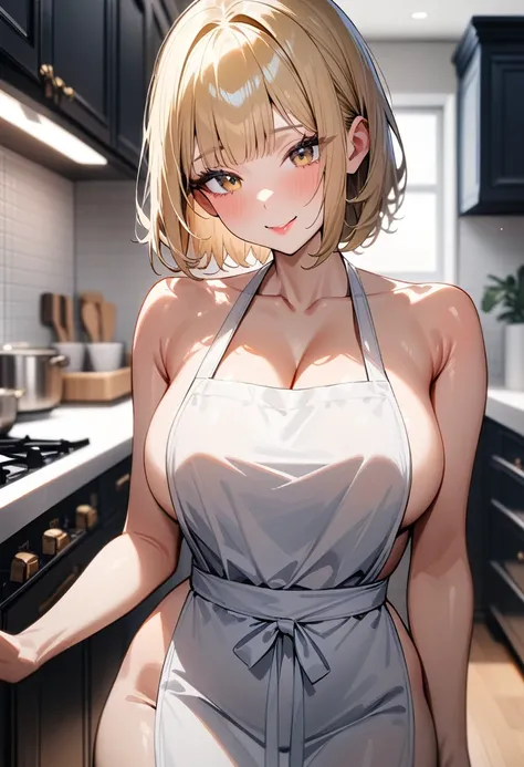 1girl,solo,super detailed skin,shiny skin,natural smile ,eyelashes,lips gloss,blonde hair, hime cut,blunt bangs,short hair ,large breasts ,naked apron,kitchen ,masterpiece,best quality,ultra detailed,high resolution,sharp focus,depth of field